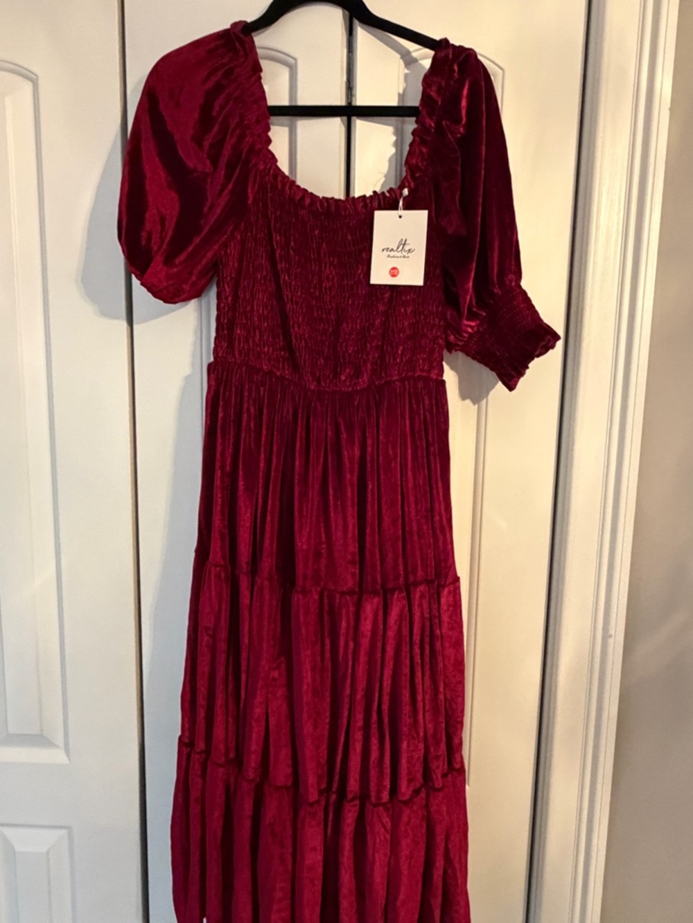 Smocked Velvet Tiered Dress in Burgundy